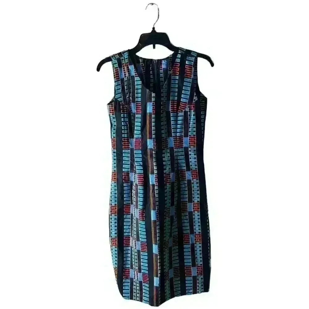 African Handmade Dress Women's Size 4 Sleeveless Fitted Geometric Multicolor